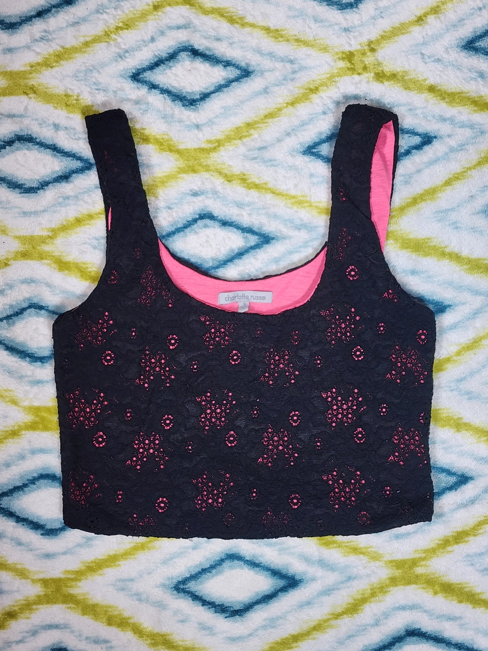 Charlotte Russe Black Lace Crop Top with Pink Lining Trim
